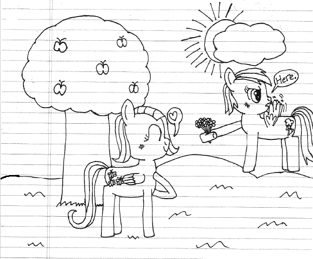 Size: 623x515 | Tagged: safe, artist:nightshadowmlp, derpibooru import, fluttershy, rainbow dash, apple, apple tree, blushing, cloud, female, flower, flutterdash, food, grass, grayscale, lesbian, lined paper, monochrome, shipping, smiling, sun, traditional art, tree