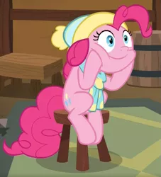 Size: 601x663 | Tagged: safe, derpibooru import, screencap, pinkie pie, earth pony, pony, best gift ever, cheek squish, cropped, cute, diapinkes, female, hat, hooves on cheeks, mare, ponk, sitting, solo, squishy cheeks, stool