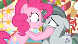 Size: 1920x1080 | Tagged: safe, derpibooru import, screencap, marble pie, pinkie pie, earth pony, pony, best gift ever, boop, cheek squish, duo, female, mare, nose wrinkle, noseboop, scrunchy face, siblings, sisters, squishy cheeks, twins