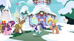 Size: 1920x1080 | Tagged: safe, derpibooru import, screencap, gelato cone, mochaccino, rare find, rarity, sugar belle, earth pony, pony, unicorn, best gift ever, bell, boots, bow, carousel boutique, cart, christmas decoration, clothes, decoration, female, gritted teeth, hat, ice cream cone, magic, magic aura, male, mare, messy eating, open mouth, ponyville, present, running, scarf, shoes, snow, stallion, sunglasses, surprised, tree, wreath