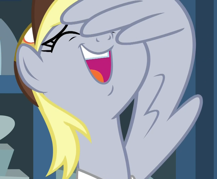 Size: 1119x925 | Tagged: safe, derpibooru import, screencap, derpy hooves, pegasus, pony, best gift ever, cropped, cute, derpabetes, eyes closed, facewing, female, joy, laughing, mailmare, mare, solo, wing hands, wings