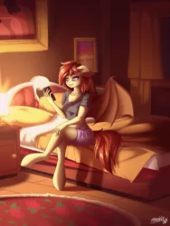 Size: 3000x4000 | Tagged: safe, artist:sparklyon3, derpibooru import, part of a set, oc, oc:silver veil, unofficial characters only, anthro, bat pony, unguligrade anthro, bat pony oc, bat wings, bed, breasts, clothes, commission, growth, rcf community, solo, wings