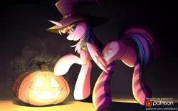 Size: 3888x2423 | Tagged: suggestive, artist:airiniblock, derpibooru import, part of a set, twilight sparkle, twilight sparkle (alicorn), alicorn, pony, butt, clothes, costume, featureless crotch, female, halloween, halloween costume, holiday, jack-o-lantern, looking at you, looking back, looking back at you, mare, patreon, patreon logo, plot, pumpkin, rcf community, socks, solo, solo female, striped socks