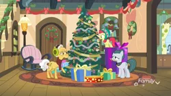 Size: 1920x1080 | Tagged: safe, derpibooru import, screencap, apple bloom, cloudy quartz, grand pear, earth pony, pony, best gift ever, apple, bookshelf, bow, christmas, christmas lights, christmas tree, clothes, decoration, discovery family logo, earmuffs, female, filly, food, garland, hat, hearth's warming tree, holiday, lamp, male, mare, pear, present, ribbon, rock, rug, scarf, stallion, sweet apple acres, tree, when you see it, wreath
