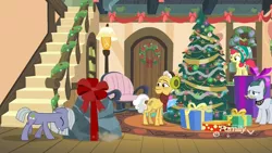 Size: 1920x1080 | Tagged: safe, derpibooru import, screencap, apple bloom, cloudy quartz, grand pear, limestone pie, earth pony, pony, best gift ever, apple, bookshelf, bow, christmas, christmas lights, christmas tree, clothes, decoration, discovery family logo, earmuffs, female, filly, food, garland, gift wrapped, hat, hearth's warming tree, holiday, lamp, male, mare, pear, present, pushing, ribbon, rock, rug, scarf, stallion, sweet apple acres, tree, when you see it, wreath