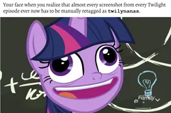 Size: 1631x1079 | Tagged: safe, derpibooru import, edit, edited screencap, screencap, twilight sparkle, twilight sparkle (alicorn), alicorn, pony, best gift ever, caption, chalkboard, derp, discovery family logo, faic, female, image macro, lightbulb, mare, meme, mfw, pudding face, solo, tagging, text, twilynanas