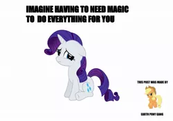 Size: 1013x713 | Tagged: safe, derpibooru import, applejack, rarity, earth pony, pony, unicorn, bigotjack, caption, crying, duo, earth pony master race, female, image macro, m14 gang, mare, meme, out of character, propaganda, shitposting, simple background, text, this post was made by x gang, white background