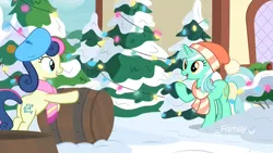Size: 1920x1080 | Tagged: safe, derpibooru import, screencap, bon bon, lyra heartstrings, sweetie drops, earth pony, pony, unicorn, best gift ever, barrel, beret, best friends, bipedal, bipedal leaning, christmas, christmas lights, clothes, discovery family logo, eye contact, female, hat, holiday, leaning, looking at each other, mare, pine tree, ponyville, pushing, scarf, shipping fuel, tree