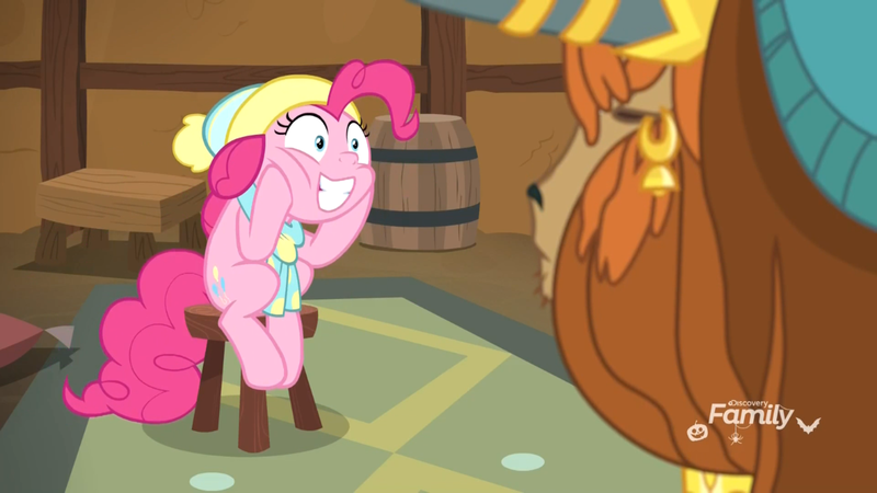 Size: 1920x1080 | Tagged: safe, derpibooru import, screencap, pinkie pie, prince rutherford, earth pony, pony, yak, best gift ever, clothes, ear piercing, earring, female, hat, jewelry, mare, piercing, scarf, sitting, solo focus, stool, yakyakistan