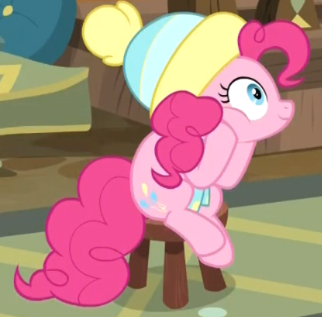 Size: 467x460 | Tagged: safe, derpibooru import, screencap, pinkie pie, earth pony, pony, best gift ever, clothes, cropped, cute, diapinkes, female, hat, mare, scarf, sitting, solo, stool