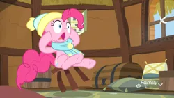 Size: 1920x1080 | Tagged: safe, derpibooru import, screencap, pinkie pie, earth pony, pony, best gift ever, clothes, female, hat, mare, scarf, shocked, sitting, solo, stool