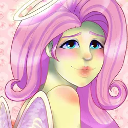 Size: 1080x1080 | Tagged: safe, artist:nichroniclesvsart, derpibooru import, fluttershy, equestria girls, angel, blushing, clothes, costume, cute, fluttershy the angel, halloween, halloween costume, halo, holiday, looking at you, shyabetes, wings