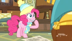 Size: 1920x1080 | Tagged: safe, derpibooru import, screencap, pinkie pie, prince rutherford, earth pony, pony, best gift ever, clothes, female, hat, map, mare, scarf, solo focus, zipper, zippermouth