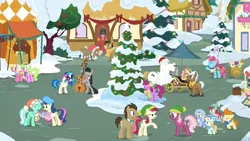 Size: 1920x1080 | Tagged: safe, derpibooru import, screencap, alula, berry punch, berryshine, bon bon, bulk biceps, cheerilee, cranky doodle donkey, cup cake, daisy, doctor whooves, flower wishes, gallop j. fry, lily, lily valley, lyra heartstrings, matilda, mochaccino, octavia melody, peach fuzz, pound cake, pumpkin cake, rare find, roseluck, sweetie drops, time turner, train tracks (character), vinyl scratch, earth pony, pegasus, pony, unicorn, best gift ever, beret, best friends, cake twins, cart, cello, christmas, christmas lights, cinnamon nuts, clothes, coat, decoration, earmuffs, female, flower trio, food, hat, headphones, hearth's warming tree, holiday, male, mare, musical instrument, nut cart, ponyville, santa hat, scarf, siblings, snow, stallion, tent, tree, twins, vendor, vendor stall