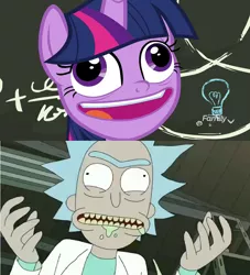 Size: 932x1026 | Tagged: alicorn, best gift ever, chalkboard, comparison, cross-eyed, derpibooru import, discovery family logo, faic, female, male, pudding face, rick and morty, rick sanchez, safe, screencap, twilight sparkle, twilight sparkle (alicorn), twirick