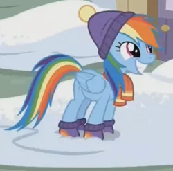 Size: 564x558 | Tagged: safe, derpibooru import, screencap, rainbow dash, pegasus, pony, best gift ever, boots, clothes, cropped, cute, dashabetes, female, grin, hat, mare, scarf, shoes, smiling, snow, solo, squee, wide grin, winter outfit