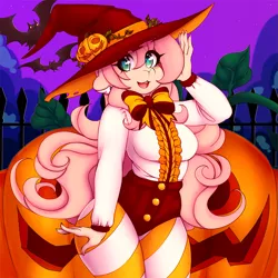 Size: 1417x1417 | Tagged: anthro, artist:tolsticot, barely pony related, bat, clothes, deer, deer pony, derpibooru import, female, halloween, hat, holiday, human, jack-o-lantern, oc, oc:aime, original species, pumpkin, safe, socks, solo, striped socks, unofficial characters only, witch hat