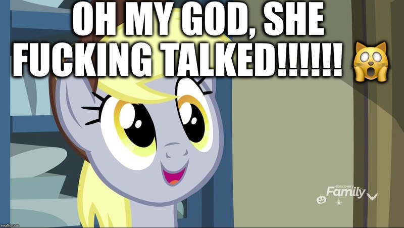 Size: 1136x640 | Tagged: safe, derpibooru import, edit, edited screencap, editor:useraccount, screencap, derpy hooves, pony, best gift ever, amazing, caption, emoji, excessive exclamation marks, fan service, female, image macro, mare, meme, shocking, text, truth, vulgar