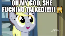 Size: 1136x640 | Tagged: safe, derpibooru import, edit, edited screencap, editor:useraccount, screencap, derpy hooves, pony, best gift ever, amazing, caption, emoji, excessive exclamation marks, fan service, female, image macro, mare, meme, shocking, text, truth, vulgar