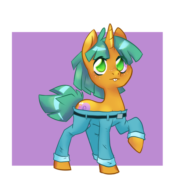 Size: 711x739 | Tagged: safe, artist:dinkelion, derpibooru import, snails, pony, unicorn, belt, bucktooth, clothes, colt, dog pants, glitter shell, male, meme, pants, solo