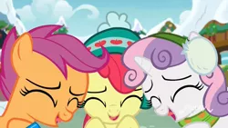 Size: 1920x1080 | Tagged: safe, derpibooru import, screencap, apple bloom, scootaloo, sweetie belle, earth pony, pegasus, pony, unicorn, best gift ever, adorabloom, close-up, clothes, cute, cutealoo, cutie mark crusaders, diasweetes, discovery family logo, earmuffs, excited, eyes closed, female, filly, foal, hat, scarf, tongue out, trio