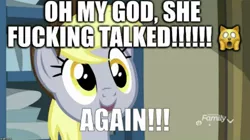 Size: 720x404 | Tagged: amazing, best gift ever, caption, derpibooru import, derpy hooves, edit, edited screencap, emoji, fan service, image macro, meme, safe, screencap, shocking, solo, text, truth, vulgar