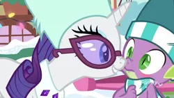 Size: 1920x1080 | Tagged: safe, derpibooru import, screencap, rarity, spike, dragon, pony, unicorn, best gift ever, blushing, boop, close-up, clothes, discovery family logo, duo, female, glasses, hat, male, mare, nose to nose, nose wrinkle, noseboop, scarf, shipping fuel, smiling, snow, sunglasses, winged spike, winter outfit