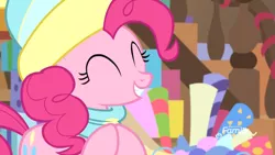 Size: 1920x1080 | Tagged: safe, derpibooru import, screencap, pinkie pie, earth pony, pony, best gift ever, clothes, diabetes, eyes closed, female, hat, mare, scarf, smiling, solo