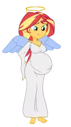 Size: 2132x3782 | Tagged: suggestive, artist:myfavoritepreggopics, artist:pacificside18, derpibooru import, edit, editor:marno, sunset shimmer, equestria girls, angel, barefoot, belly, big belly, breasts, busty sunset shimmer, clothes, costume, feet, female, looking down, pregnant, show accurate, simple background, solo, solo female, transparent background