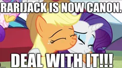 Size: 1136x640 | Tagged: safe, derpibooru import, edit, edited screencap, editor:useraccount, screencap, applejack, princess flurry heart, rarity, shining armor, best gift ever, caption, excessive exclamation marks, female, hug, image macro, lesbian, meme, rarijack, shipping, text