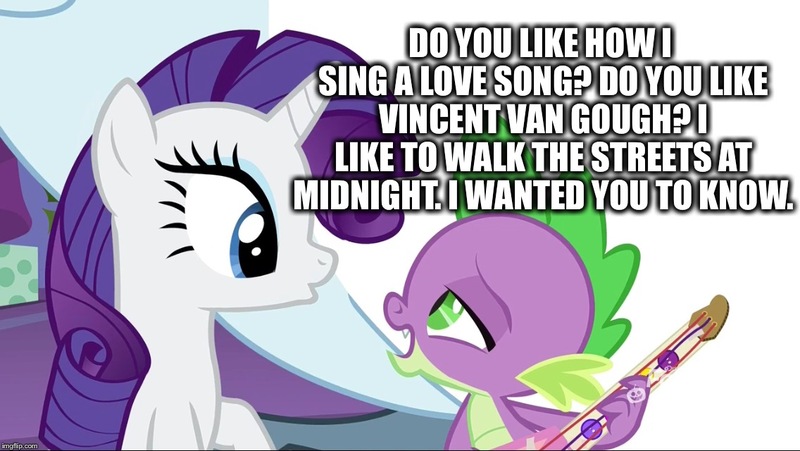 Size: 1136x640 | Tagged: safe, derpibooru import, edit, edited screencap, editor:useraccount, screencap, rarity, spike, dragon, pony, unicorn, best gift ever, brooke ramel, caption, drawn together, duo, female, guitar, i wanted you to know, image macro, male, mare, meme, musical instrument, playing guitar, shipping, singing, song, song reference, sparity, straight, text, vincent van gogh, winged spike