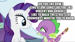 Size: 1136x640 | Tagged: safe, derpibooru import, edit, edited screencap, editor:useraccount, screencap, rarity, spike, dragon, pony, unicorn, best gift ever, brooke ramel, caption, drawn together, duo, female, guitar, i wanted you to know, image macro, male, mare, meme, musical instrument, playing guitar, shipping, singing, song, song reference, sparity, straight, text, vincent van gogh, winged spike