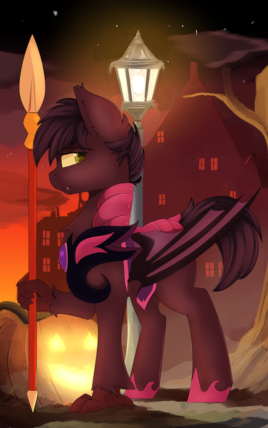 Size: 3008x4800 | Tagged: safe, artist:beardie, derpibooru import, oc, oc:bandit, oc:nachtadler, unofficial characters only, bat pony, hippogriff, armor, catbathorse, halloween, holiday, jack-o-lantern, night guard, pumpkin, royal guard, solo, spear, weapon