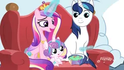 Size: 1280x720 | Tagged: safe, derpibooru import, screencap, princess cadance, princess flurry heart, shining armor, alicorn, pony, unicorn, best gift ever, armchair, baby, baby alicorn, baby flurry heart, baby pony, bowl, chair, cutie mark, diaper, diapered, diapered filly, discovery family logo, family, father and child, father and daughter, female, filly, foal, food, glowing horn, horn, magic, male, mare, meme, mother and child, mother and daughter, pudding, puddinghead's pudding, smiling, spoon, stallion, telekinesis, trio, twily face