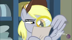 Size: 960x540 | Tagged: safe, derpibooru import, screencap, derpy hooves, pony, best gift ever, female, hat, magnifying glass, mailmare hat, mare, solo, wing hands, wings