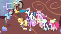 Size: 1920x1080 | Tagged: safe, derpibooru import, screencap, applejack, discord, fluttershy, pinkie pie, princess cadance, princess flurry heart, rainbow dash, rarity, shining armor, twilight sparkle, twilight sparkle (alicorn), alicorn, draconequus, dragon, earth pony, pegasus, pony, unicorn, best gift ever, annoyed, baby, baby pony, boots, brother and sister, clothes, crossed arms, earmuffs, father and child, father and daughter, female, filly, flying, foal, glasses, hat, hoof shoes, husband and wife, male, mane six, mare, married couple, mother and child, mother and daughter, scarf, shoes, siblings, stallion, twilight's castle