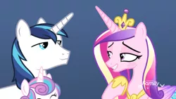 Size: 1920x1080 | Tagged: safe, derpibooru import, screencap, princess cadance, princess flurry heart, shining armor, alicorn, pony, unicorn, best gift ever, blushing, duo, female, flirting, hoof shoes, jewelry, male, mare, regalia, shiningcadance, shipping, stallion, straight, tiara