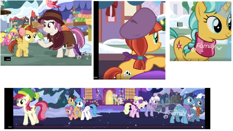 Size: 1920x1080 | Tagged: safe, derpibooru import, screencap, burning passion, cherry berry, cherry cola, cherry fizzy, citrine spark, constance, fire quacker, heart pacer, heartfelt song, jade spade, lemon crumble, lightning bolt, love sketch, mayor mare, millie, roseluck, strawberry swing, unnamed character, unnamed pony, white lightning, bird, earth pony, pegasus, pony, unicorn, best gift ever, background pony, beret, colt, earmuffs, female, filly, foal, friendship student, hat, home alone 2: lost in new york, hyper sonic, male, mare, pigeon lady, snow, snowfall, the true gift of gifting, timestamp