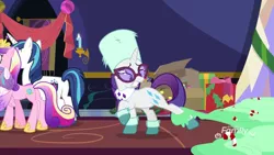 Size: 912x513 | Tagged: safe, derpibooru import, screencap, princess cadance, princess flurry heart, rarity, shining armor, alicorn, pony, unicorn, best gift ever, butt, candy, candy cane, father and child, father and daughter, female, food, glasses, hat, hoof shoes, husband and wife, i've seen enough hentai to know where this is going, leg grab, male, mare, married couple, mother and child, mother and daughter, plot, present, pudding, puddinghead's pudding, stallion, wing hold