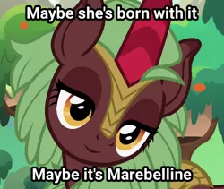 Size: 1214x1024 | Tagged: safe, derpibooru import, edit, edited screencap, screencap, cinder glow, summer flare, ponified, kirin, sounds of silence, background kirin, cinderbetes, commercial, cropped, cute, daaaaaaaaaaaw, female, image, inverted mouth, maybelline (brand), png, smiling, solo, text