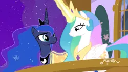 Size: 1920x1080 | Tagged: safe, derpibooru import, screencap, princess celestia, princess luna, alicorn, pony, best gift ever, balcony, blanket, cute, cutelestia, discovery family logo, duo, duo female, ethereal mane, female, glowing horn, horn, jewelry, looking at each other, lunabetes, magic, magic aura, mare, momlestia fuel, night, peytral, plant, regalia, royal sisters, siblings, sisterly love, sisters, smiling, snow, snowfall, snowflake, starry mane, telekinesis