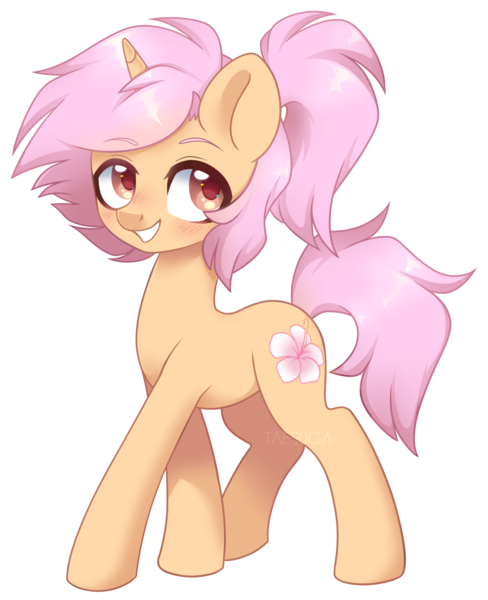 Size: 1651x2030 | Tagged: safe, artist:hawthornss, derpibooru import, oc, oc:iris, unofficial characters only, pony, unicorn, cute, flower, looking at you, ponytail, simple background, smiling, solo, transparent background, walking