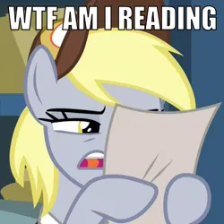 Size: 500x500 | Tagged: safe, derpibooru import, edit, edited screencap, screencap, derpy hooves, pegasus, pony, best gift ever, caption, cropped, female, hat, hoof hold, image macro, impact font, mailmare, mailmare hat, mare, meme, open mouth, reaction image, reading, squint, text, what the fuck am i reading