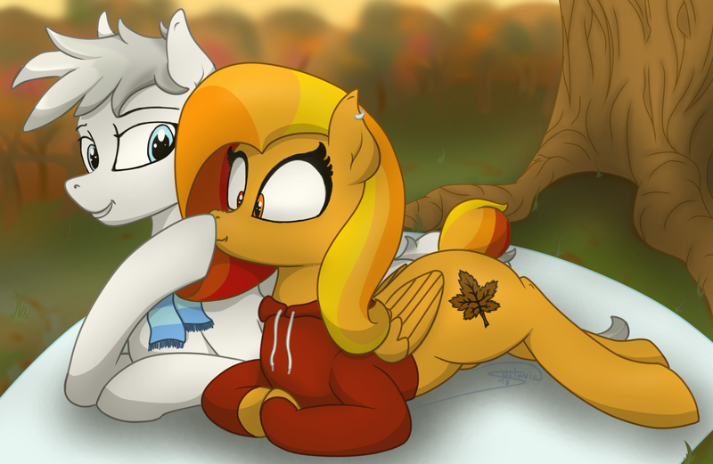 Size: 1584x1031 | Tagged: safe, artist:soctavia, derpibooru import, oc, oc:autumn ember, oc:winter stripes, unofficial characters only, pegasus, pony, autumn, blanket, boop, clothes, cuddling, cute, female, hoodie, lying down, male, oc x oc, picnic, scarf, scrunchy face, shipping, surprised, tree