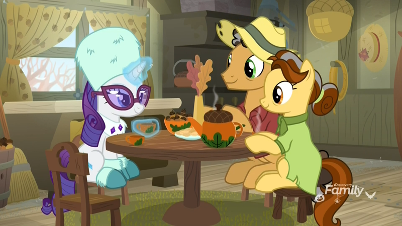 Size: 1920x1080 | Tagged: safe, derpibooru import, screencap, butternut, oak nut, rarity, earth pony, pony, unicorn, best gift ever, acorn, boots, broom, chair, clothes, cup, curtains, discovery family logo, dress, farm, farmhouse, female, food, glowing horn, hat, horn, kitchen, levitation, magic, magic aura, male, mare, oak leaf, oven, rope, shirt, shoes, sitting, stallion, sunglasses, sweet acorn orchard, table, tea, teacup, teapot, telekinesis