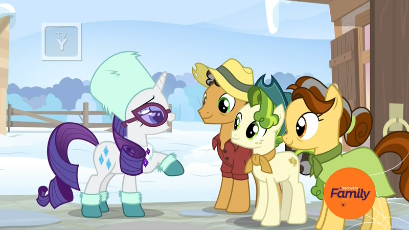 Size: 1920x1080 | Tagged: safe, derpibooru import, screencap, butternut, oak nut, pistachio, rarity, earth pony, pony, unicorn, best gift ever, acorn family, boots, clothes, discovery family logo, dress, family, farm, farmhouse, female, hat, male, mare, scarf, shirt, shoes, snow, stallion, sunglasses, sweet acorn orchard, teenager