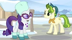 Size: 1474x829 | Tagged: safe, derpibooru import, screencap, pistachio, rarity, earth pony, pony, unicorn, best gift ever, boots, clothes, duo, farm, farmhouse, female, fence, glasses, hat, male, mare, neckerchief, shoes, snow, sunglasses, sweet acorn orchard, teenager