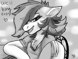 Size: 1600x1200 | Tagged: artist:brainiac, bedroom eyes, black and white, blushing, chest fluff, clothes, derpibooru import, fallout equestria, fallout equestria: project horizons, fanfic art, female, flirting, floppy ears, grayscale, mare, monochrome, oc, oc:blackjack, open mouth, safe, shirt, sketch, solo, underhoof, unofficial characters only