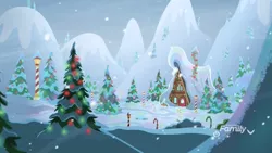 Size: 1920x1080 | Tagged: background, best gift ever, candy, candy cane, christmas, christmas lights, derpibooru import, discovery family logo, food, grove of the gift givers, hearth's warming tree, holiday, house, mountain, no pony, pine tree, safe, screencap, snow, snowfall, streetlight, tree
