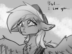 Size: 1600x1200 | Tagged: safe, artist:brainiac, derpibooru import, derpy hooves, pegasus, pony, black and white, chest fluff, clothes, crying, female, floppy ears, grayscale, mare, monochrome, sad, sketch, solo, tears of pain, text